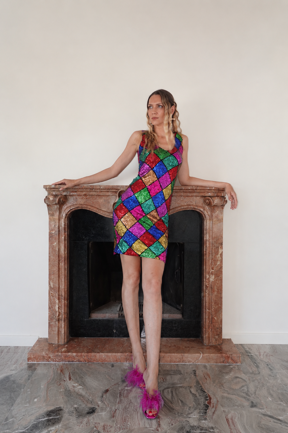 1980s Vintage Multicolour Sequin Midi Dress