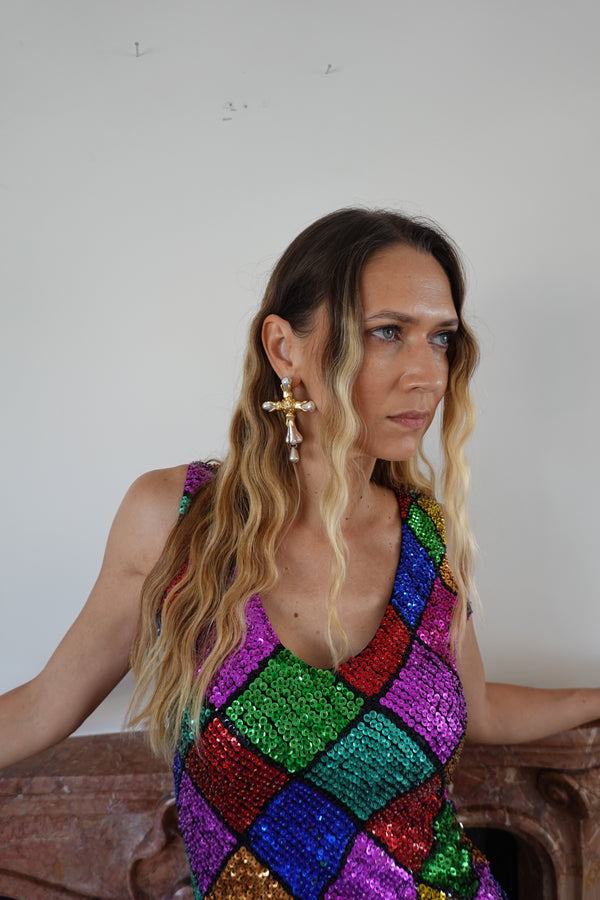 1980s Vintage Multicolour Sequin Midi Dress