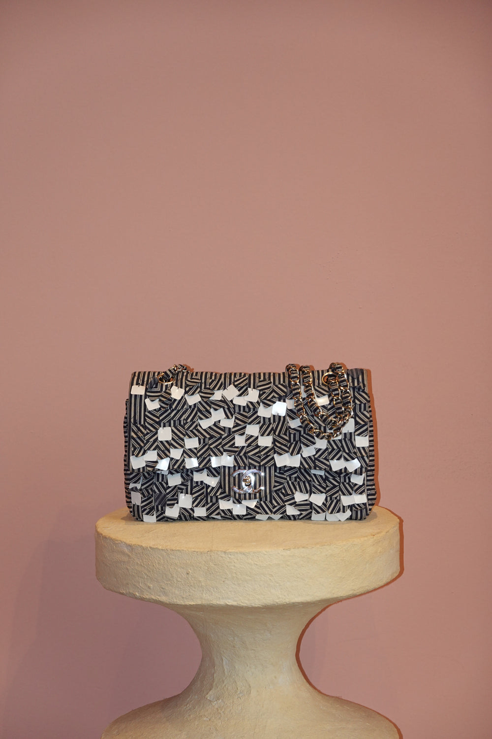 CHANEL CANVAS SEQUIN STRIPE MEDIUM DOUBLE FLAP