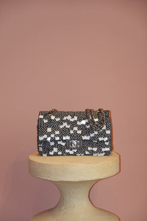 CHANEL CANVAS SEQUIN STRIPE MEDIUM DOUBLE FLAP