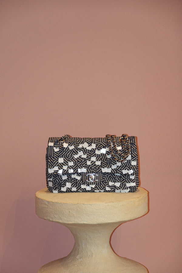 CHANEL CANVAS SEQUIN STRIPE MEDIUM DOUBLE FLAP