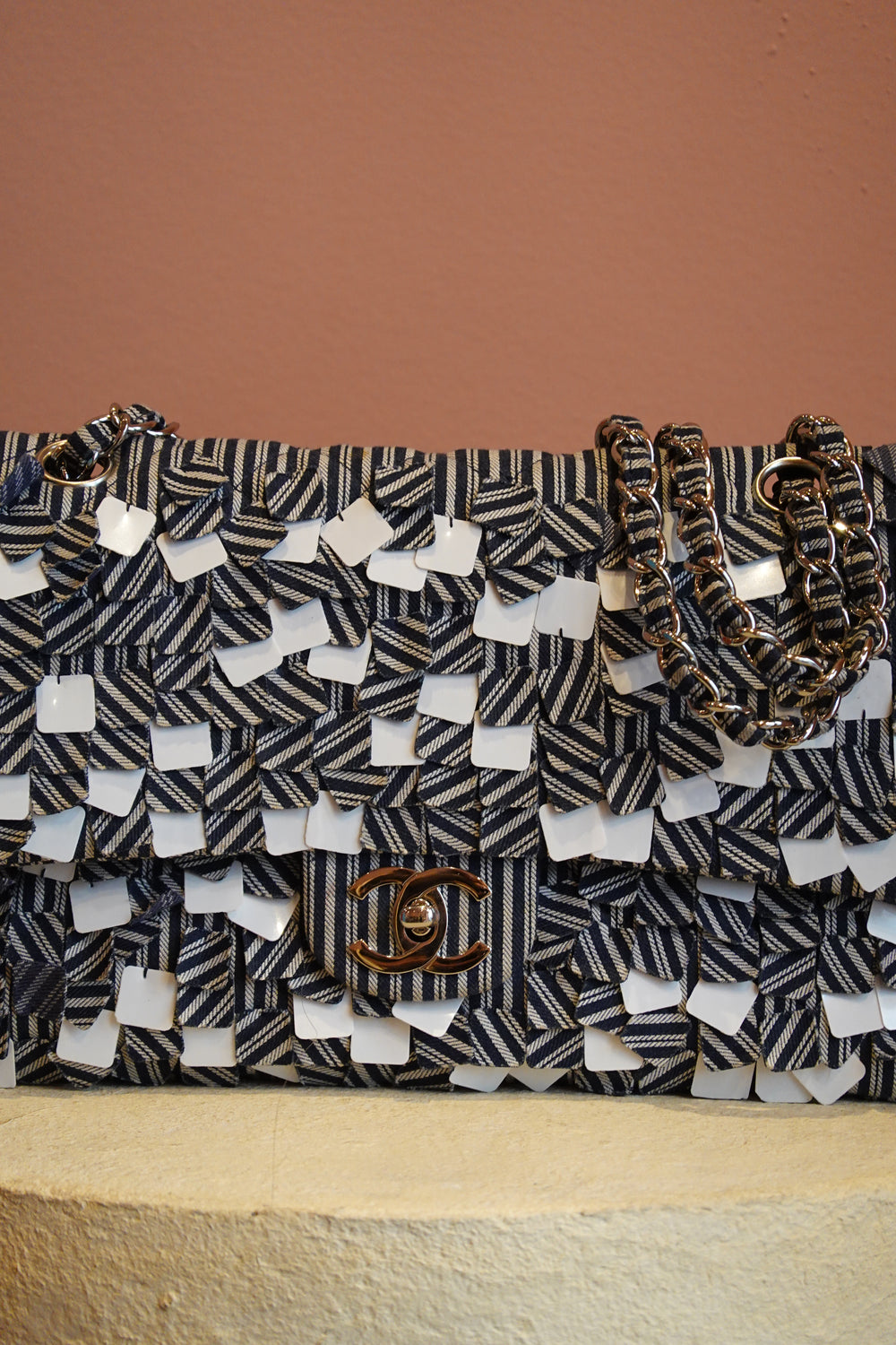 CHANEL CANVAS SEQUIN STRIPE MEDIUM DOUBLE FLAP