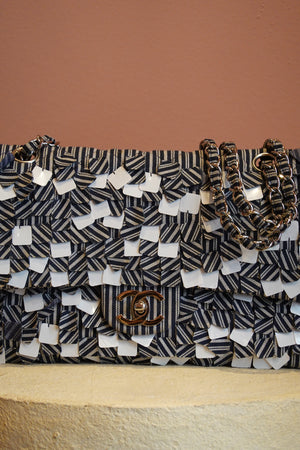 CHANEL CANVAS SEQUIN STRIPE MEDIUM DOUBLE FLAP