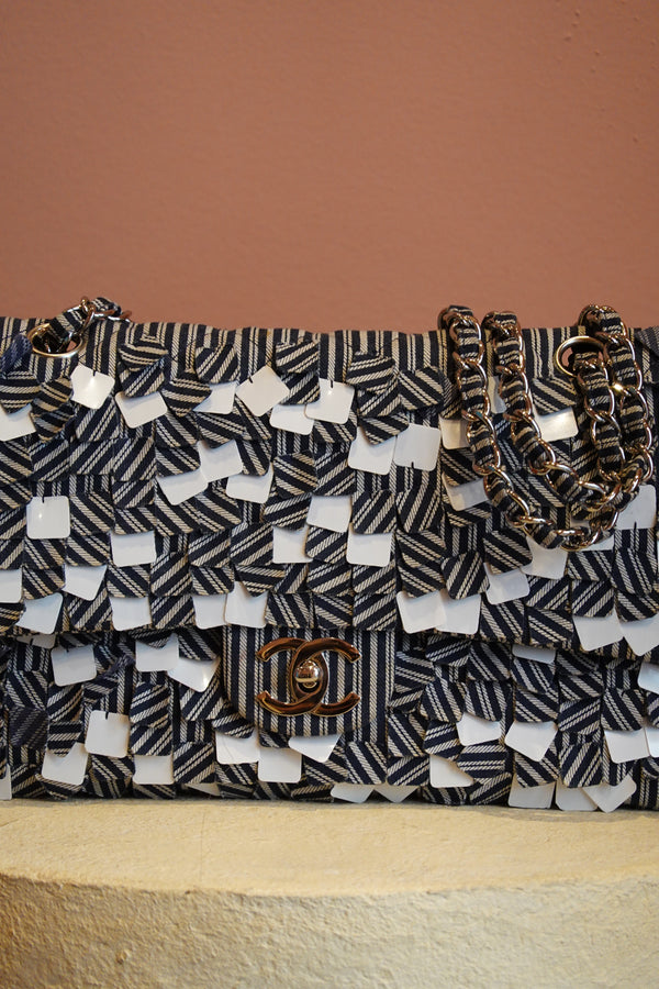 CHANEL CANVAS SEQUIN STRIPE MEDIUM DOUBLE FLAP