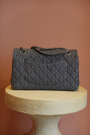 CHANEL CANVAS SEQUIN STRIPE MEDIUM DOUBLE FLAP