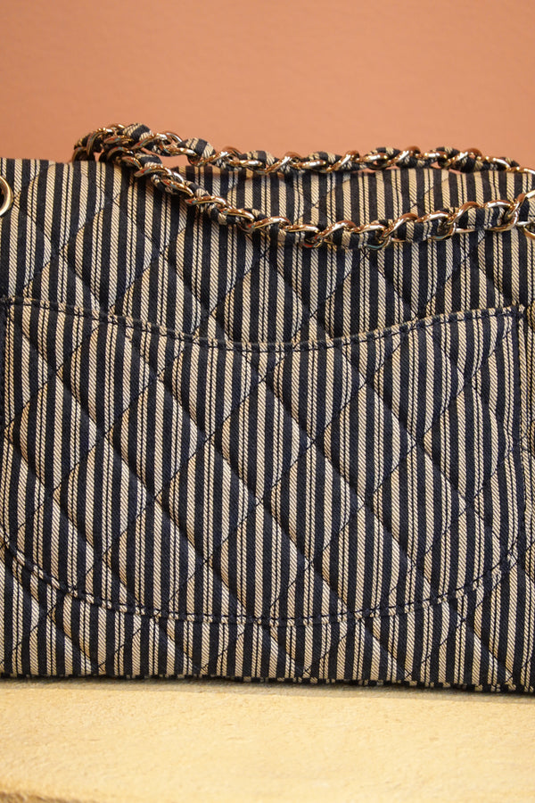 CHANEL CANVAS SEQUIN STRIPE MEDIUM DOUBLE FLAP