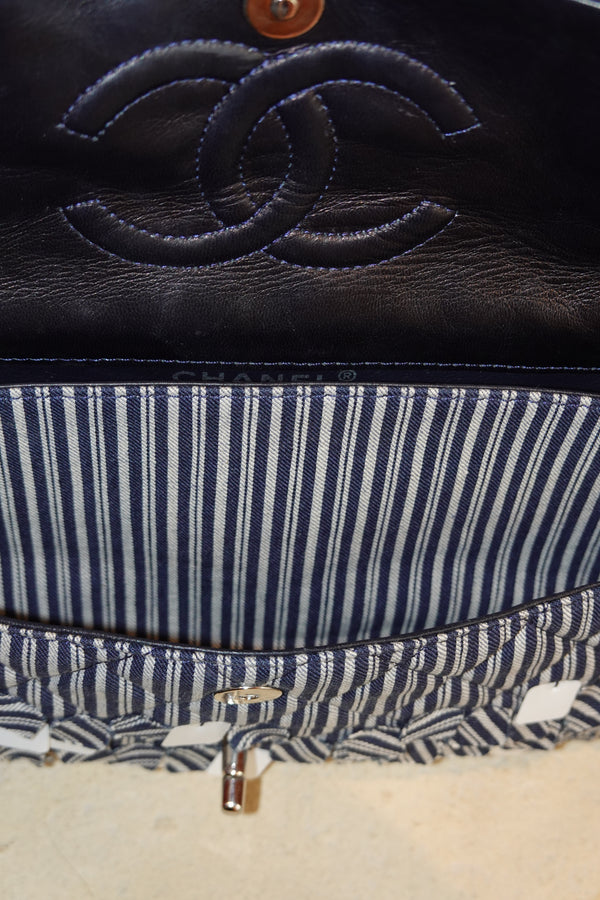 CHANEL CANVAS SEQUIN STRIPE MEDIUM DOUBLE FLAP