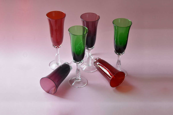 1960s Vintage Coloured Crystal Champagne Glasses