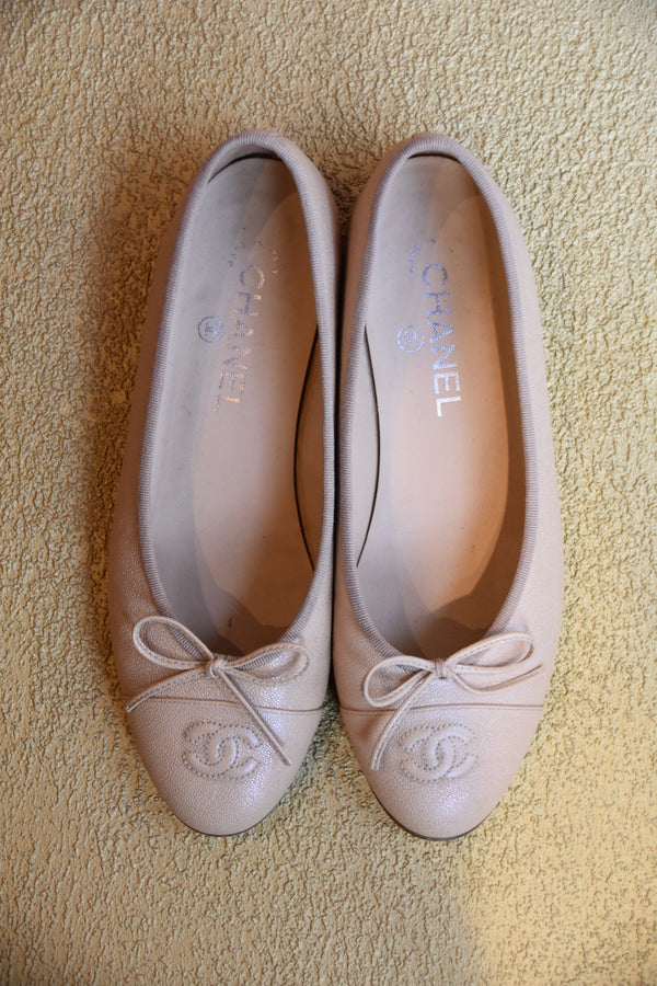 Chanel Vintage Beige Leather CC Ballet Flats