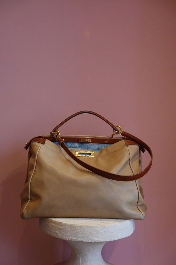 Beige Blue Interior Shoulder Bag
