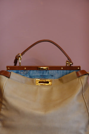 Beige Blue Interior Shoulder Bag