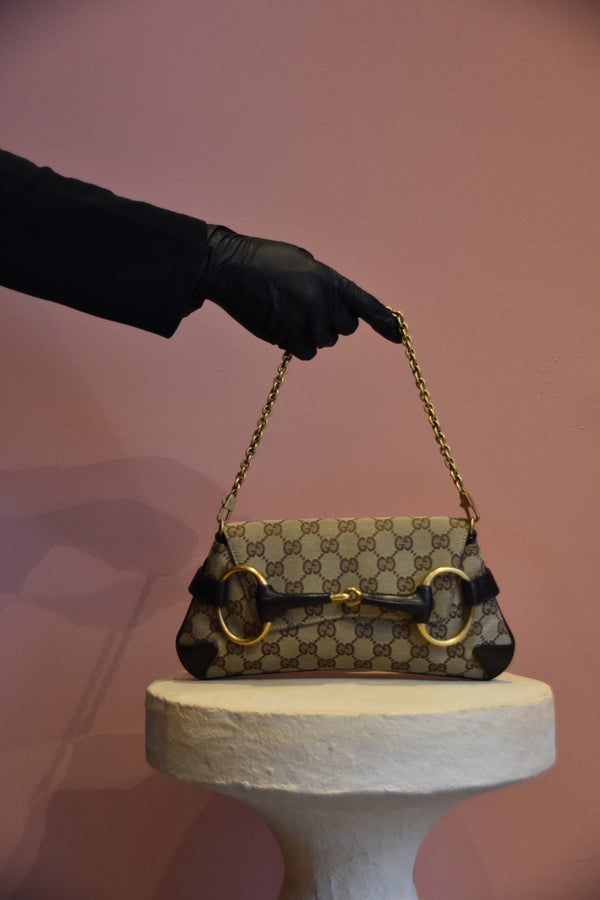 Beige Monogram Horsebit Shoulder Bag