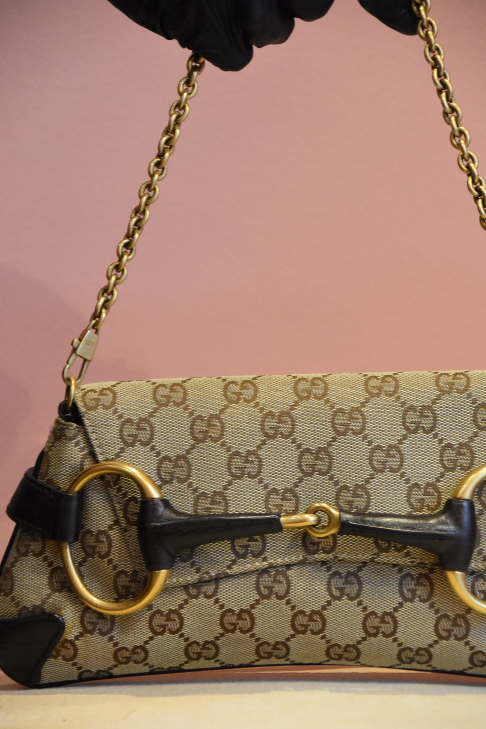 Beige Monogram Horsebit Shoulder Bag
