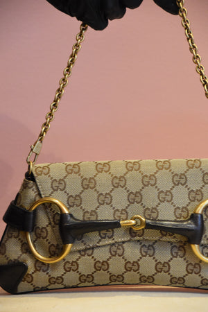 Beige Monogram Horsebit Shoulder Bag