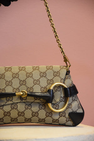 Beige Monogram Horsebit Shoulder Bag