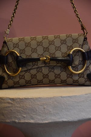 Beige Monogram Horsebit Shoulder Bag