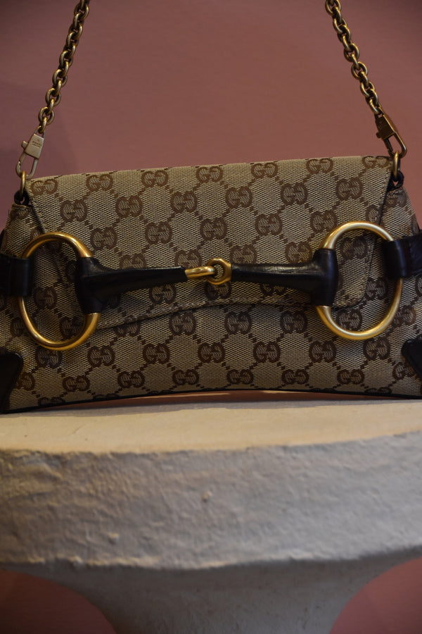 Beige Monogram Horsebit Shoulder Bag