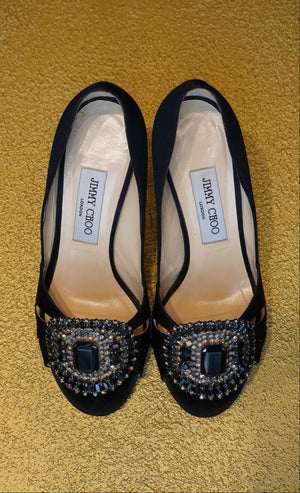 Black Crystal Buckle Slingback Pumps