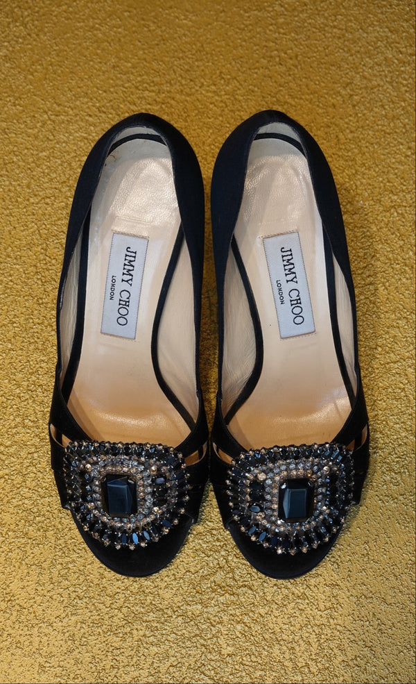 Black Crystal Buckle Slingback Pumps
