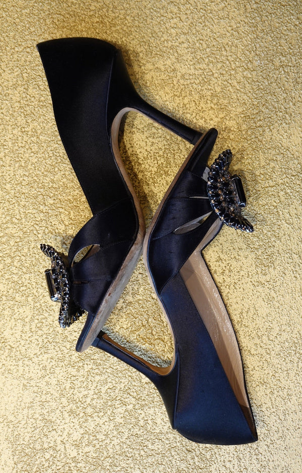 Black Crystal Buckle Slingback Pumps