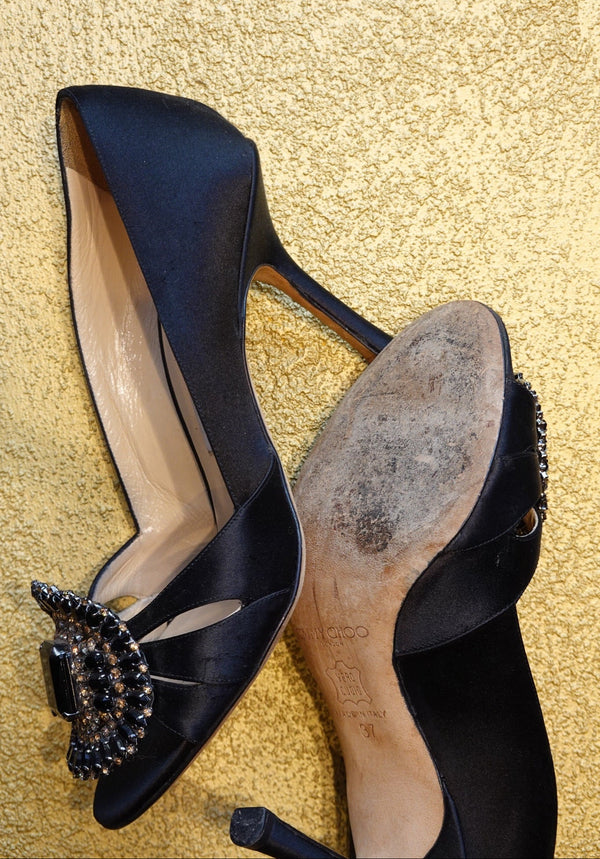 Black Crystal Buckle Slingback Pumps
