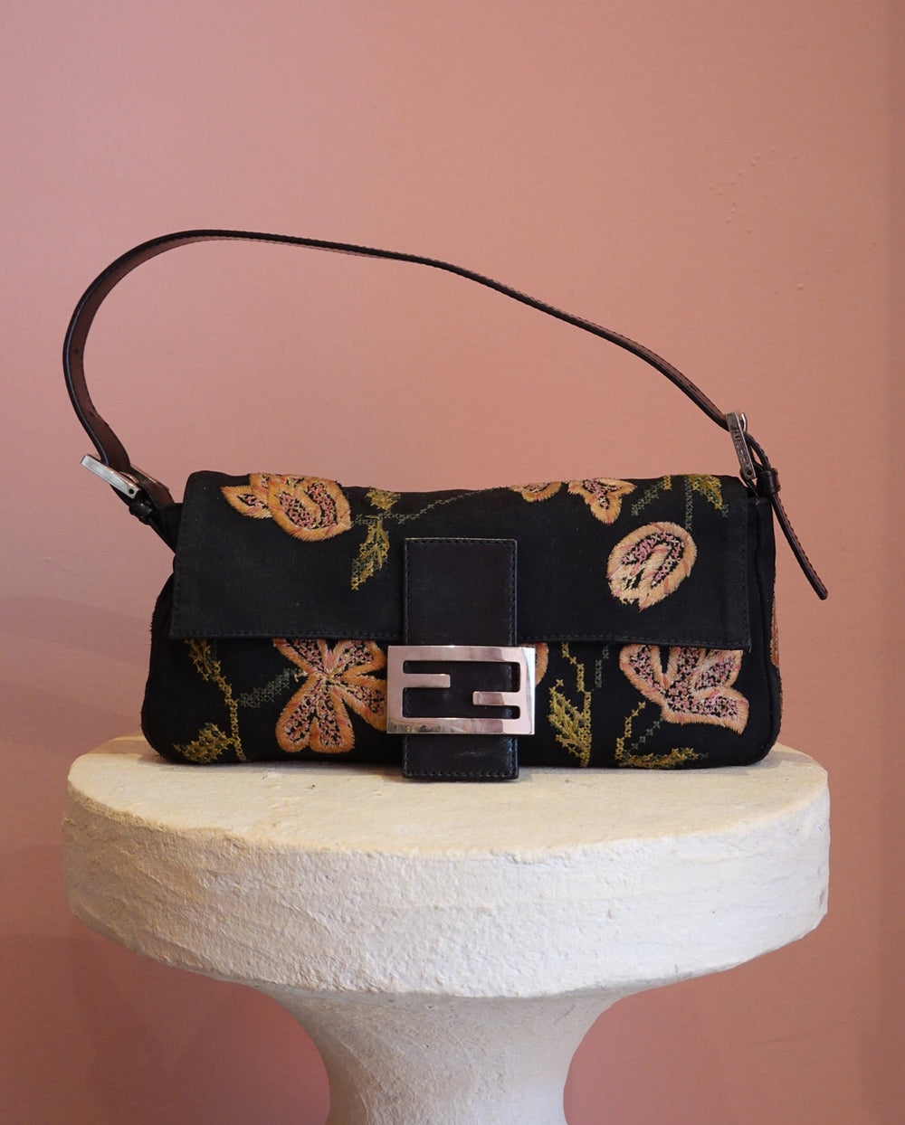 Black Floral Embroidered Shoulder Bag