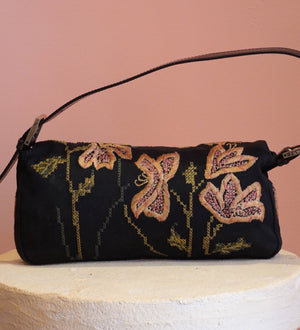 Black Floral Embroidered Shoulder Bag