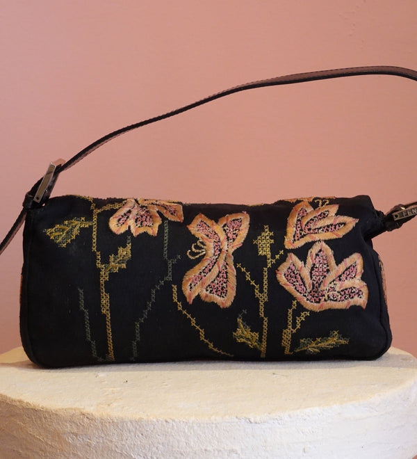 Black Floral Embroidered Shoulder Bag