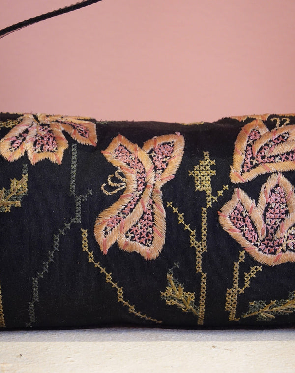 Black Floral Embroidered Shoulder Bag