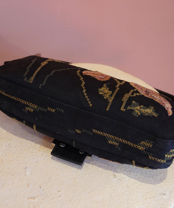 Black Floral Embroidered Shoulder Bag