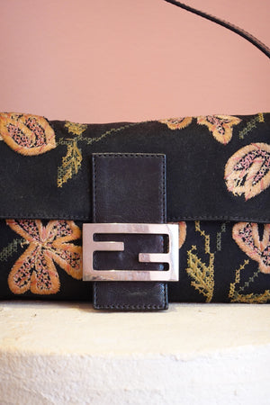 Black Floral Embroidered Shoulder Bag