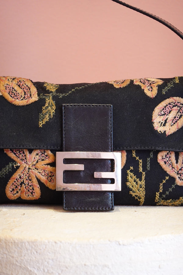 Black Floral Embroidered Shoulder Bag