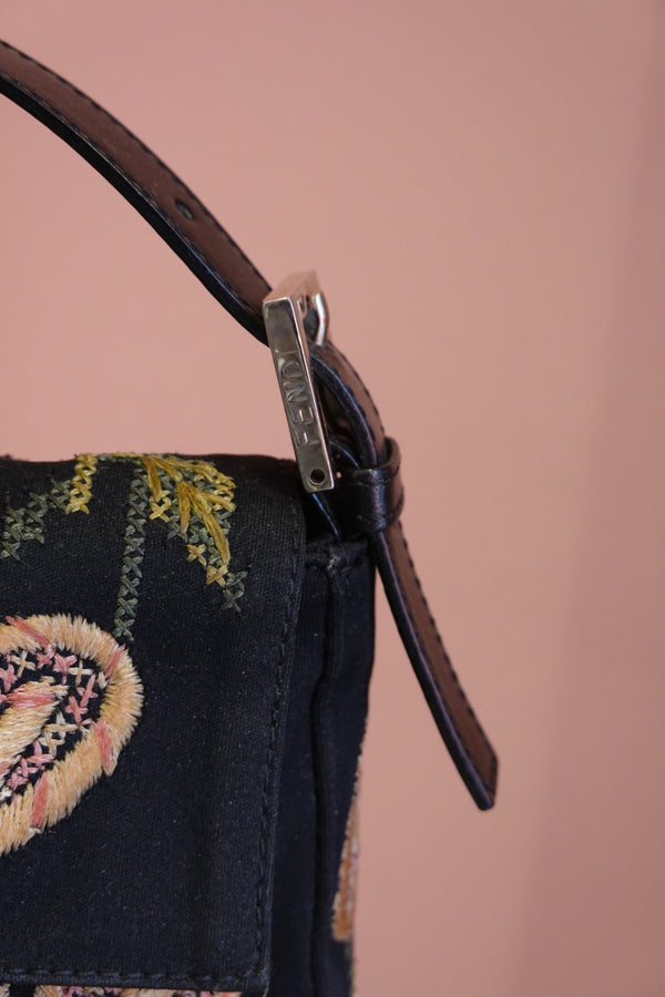 Black Floral Embroidered Shoulder Bag