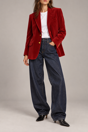 Burberrys red velvet blazer styled-front