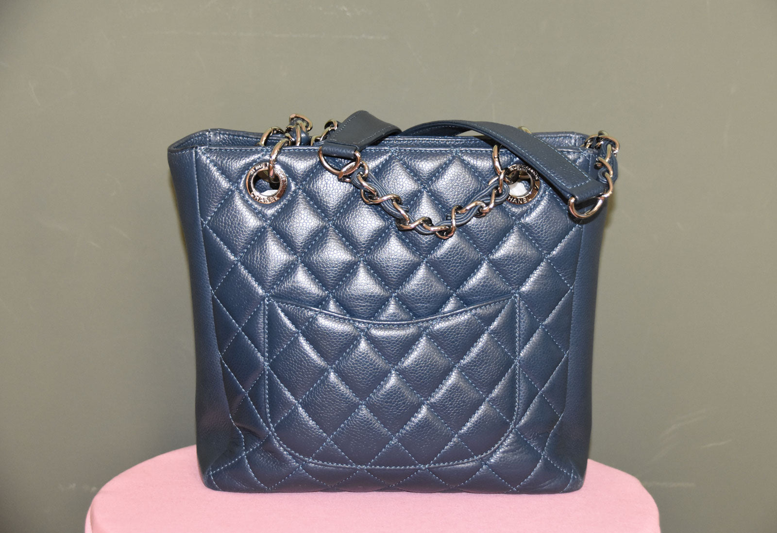 CHANEL BLUE QUILTED CAVIAR PETITE SHOPPING TOTE