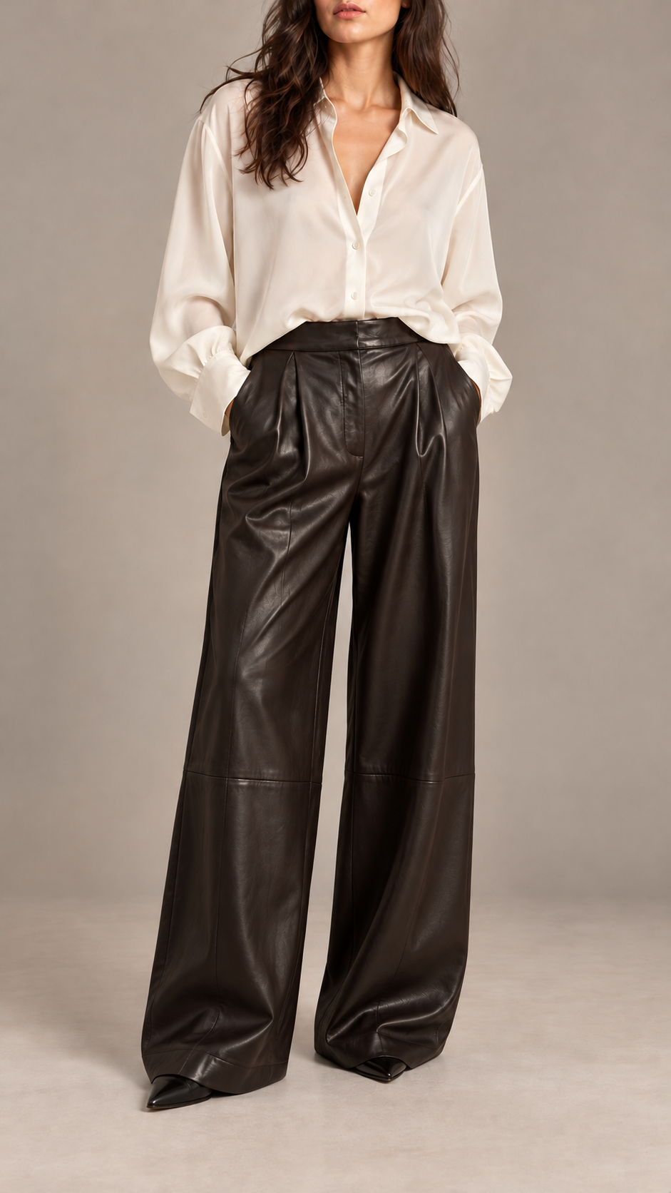 Leather wide-leg trousers — digitally styled front