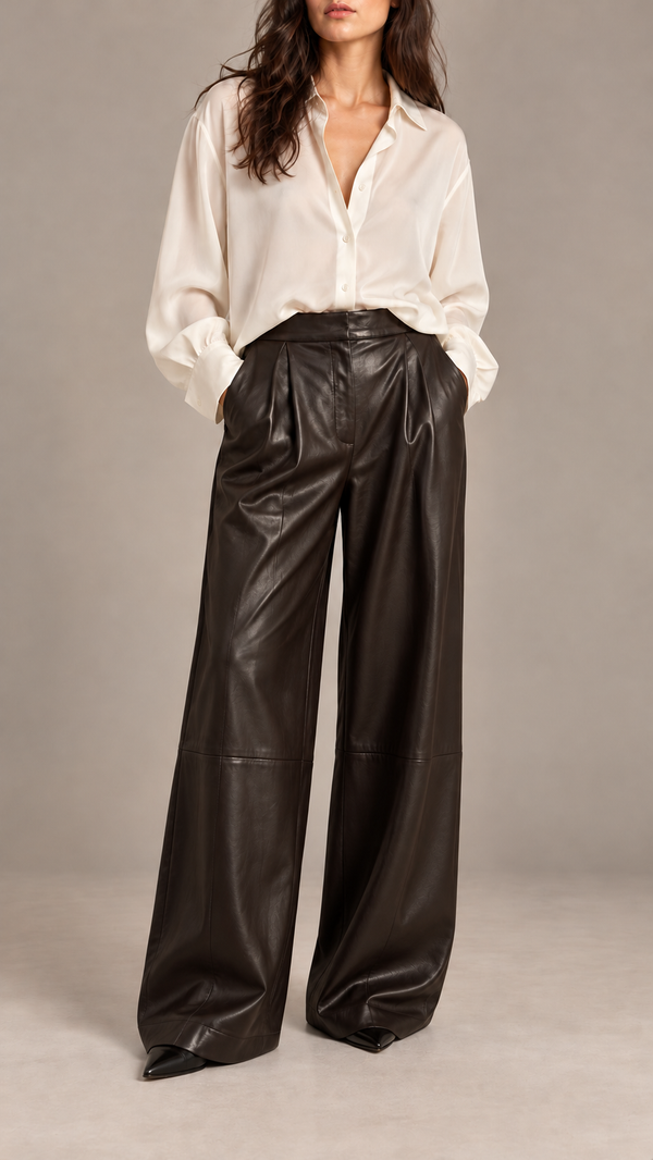 Leather wide-leg trousers — digitally styled front