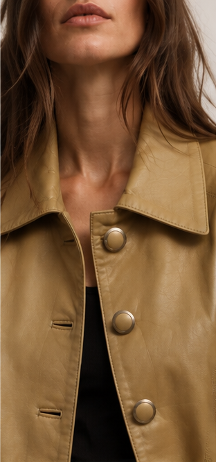 Gizeye Finds tan leather jacket — collar view