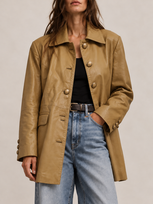 Gizeye Finds tan leather jacket — centered front view