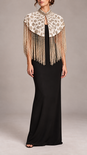 Ivory Beaded Fringe Cape — digitally styled front view