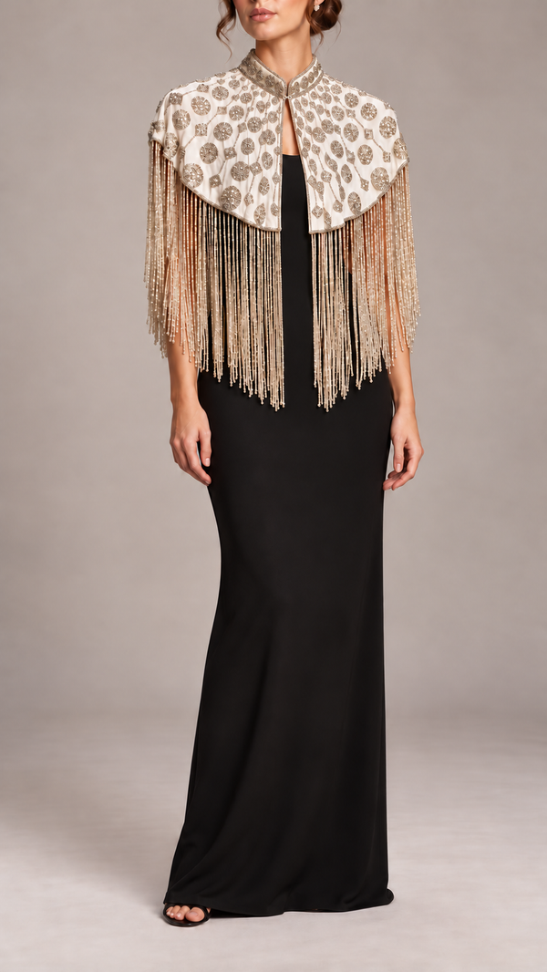 Ivory Beaded Fringe Cape — digitally styled front view