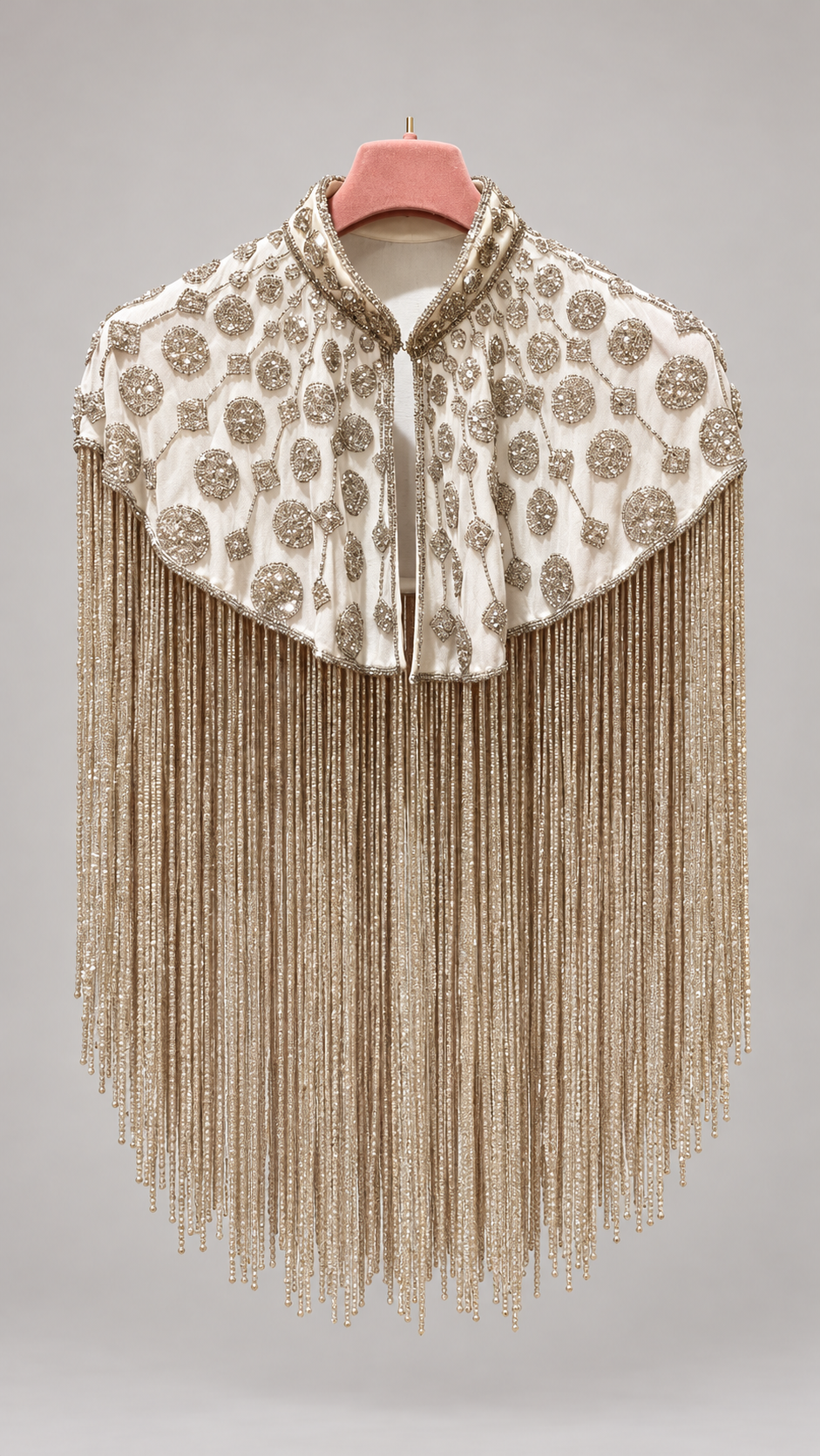 Ivory Beaded Fringe Cape — digitally styled front view
