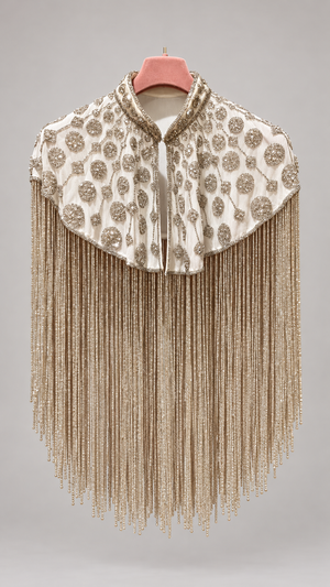 Ivory Beaded Fringe Cape — hanger front view