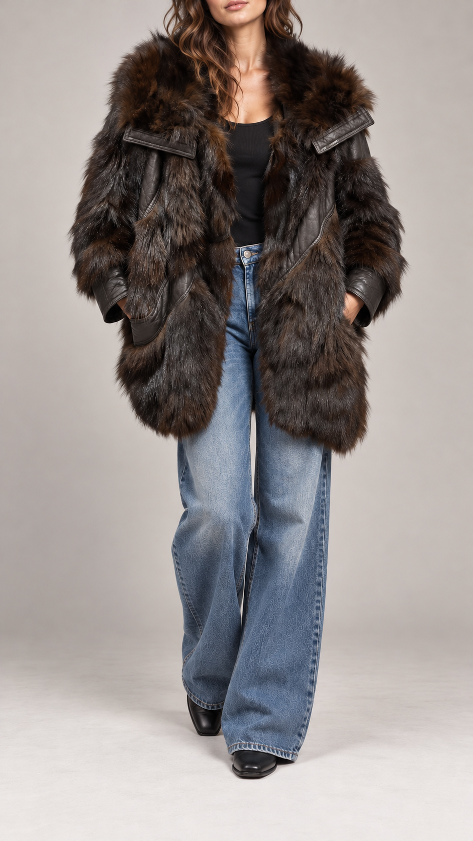 Vintage fox fur leather coat — digitally styled front, face cropped