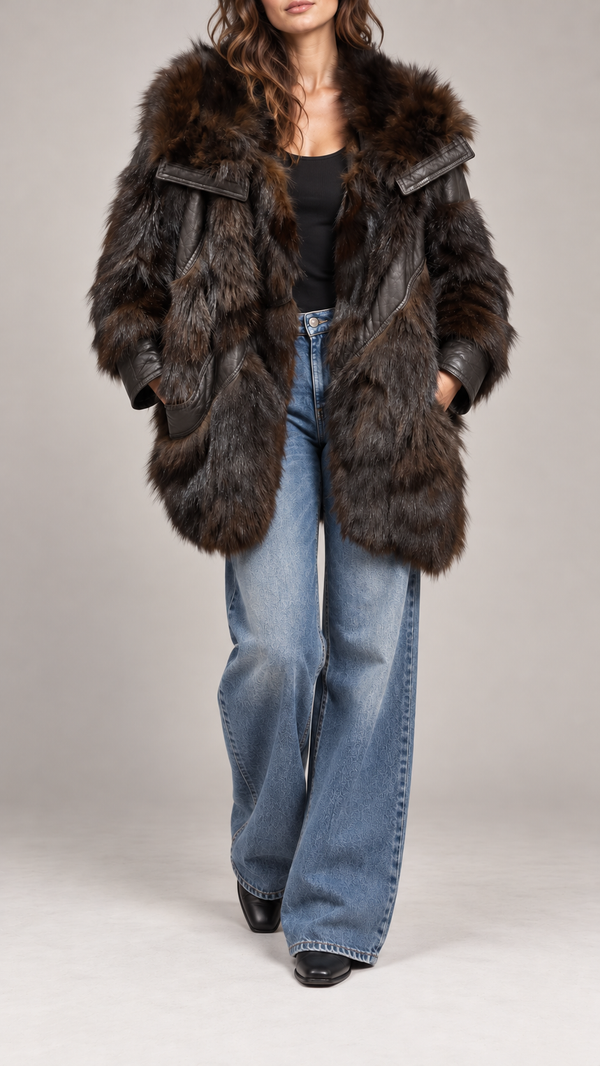Vintage fox fur leather coat — digitally styled front, face cropped
