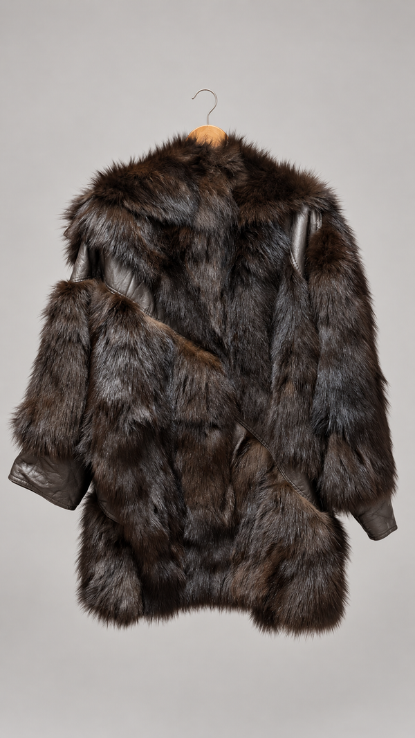 Vintage fox fur leather coat — retouched hanger back view