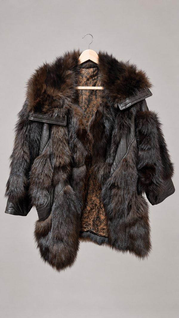 Vintage fox fur leather coat — retouched hanger front view