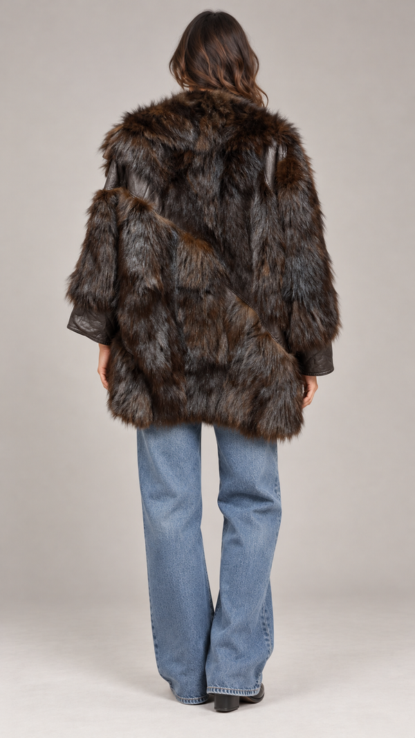 Vintage fox fur leather coat — digitally styled back view