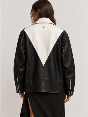 Just Cavalli black and white genuine leather biker jacket, relaxed hip-length fit, back view