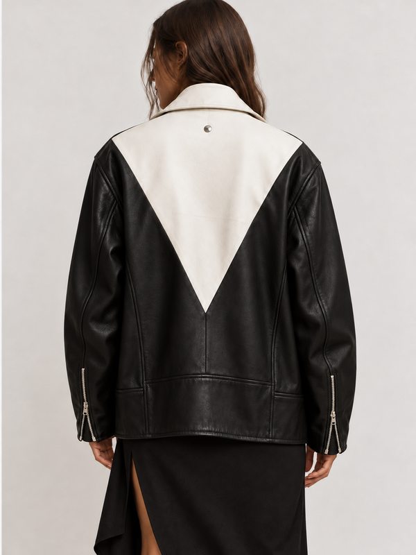 Just Cavalli black and white genuine leather biker jacket, relaxed hip-length fit, back view